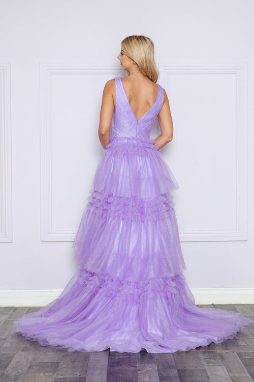 Poly USA 9406 Glitter Sleeveless Ruffled Slit Gown