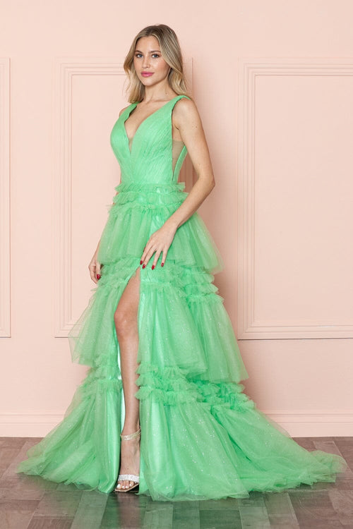 Poly USA 9406 Glitter Sleeveless Ruffled Slit Gown
