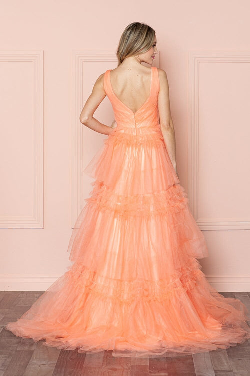 Poly USA 9406 Glitter Sleeveless Ruffled Slit Gown