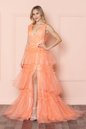 Poly USA 9406 Glitter Sleeveless Ruffled Slit Gown