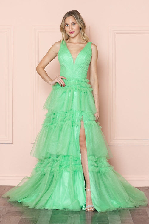 Poly USA 9406 Glitter Sleeveless Ruffled Slit Gown