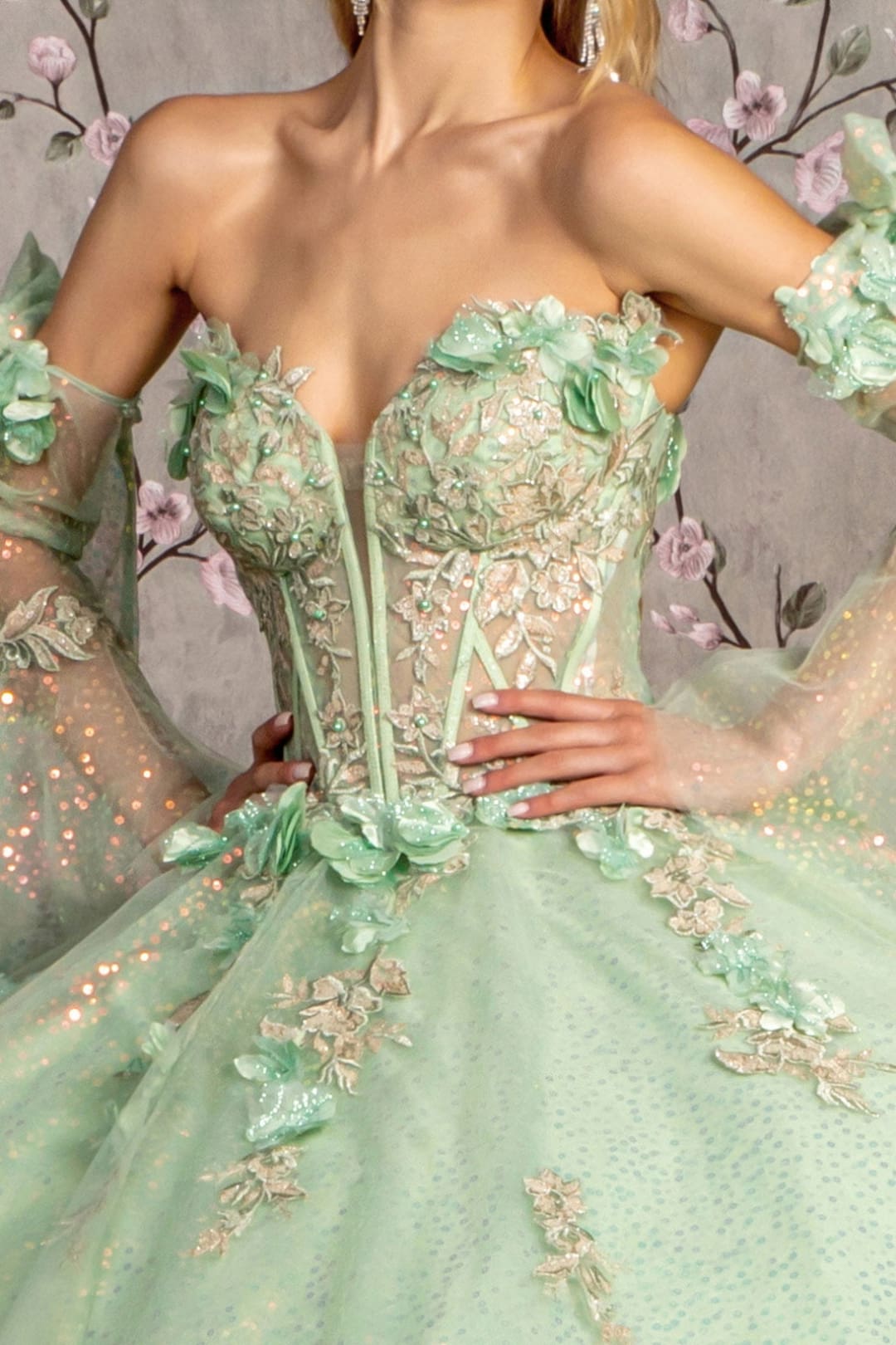 Glitter Strapless Bell Sleeve Ball Gown by GLS Gloria GL3486 - Quinceanera Dresses