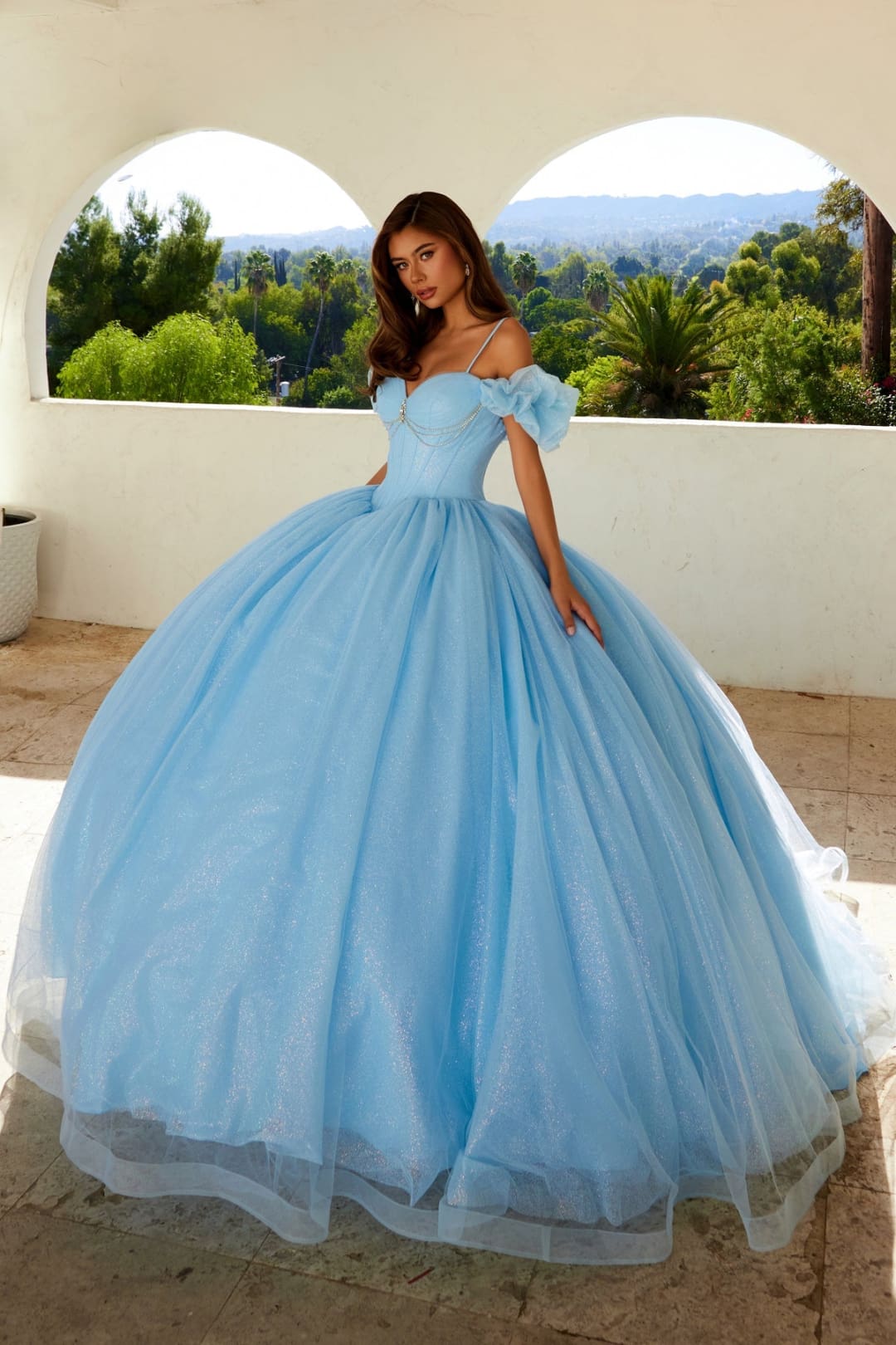Glitter Tulle Off Shoulder Ball Gown by Juliet JT1487H - Quinceanera Dresses