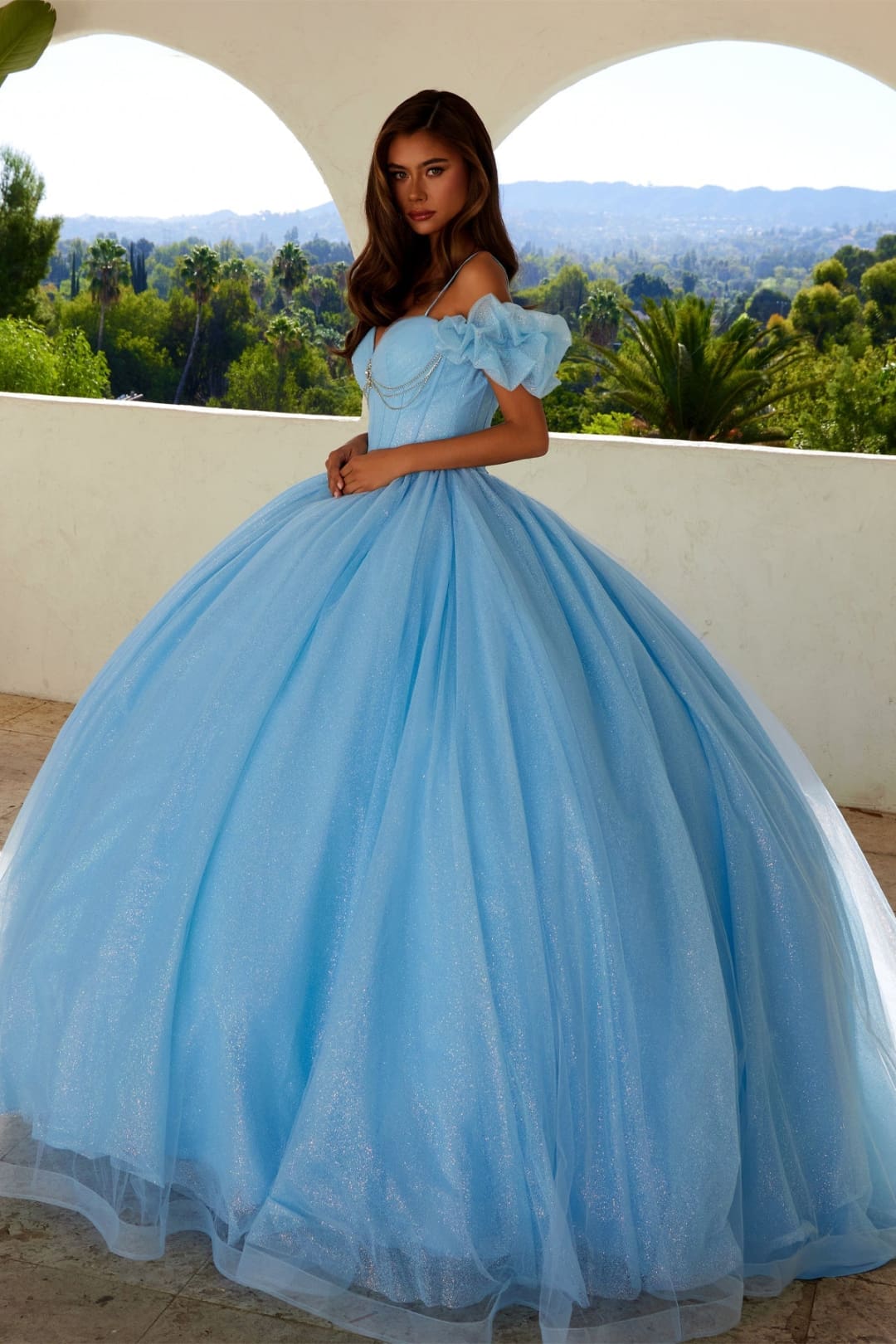 Glitter Tulle Off Shoulder Ball Gown by Juliet JT1487H - Quinceanera Dresses