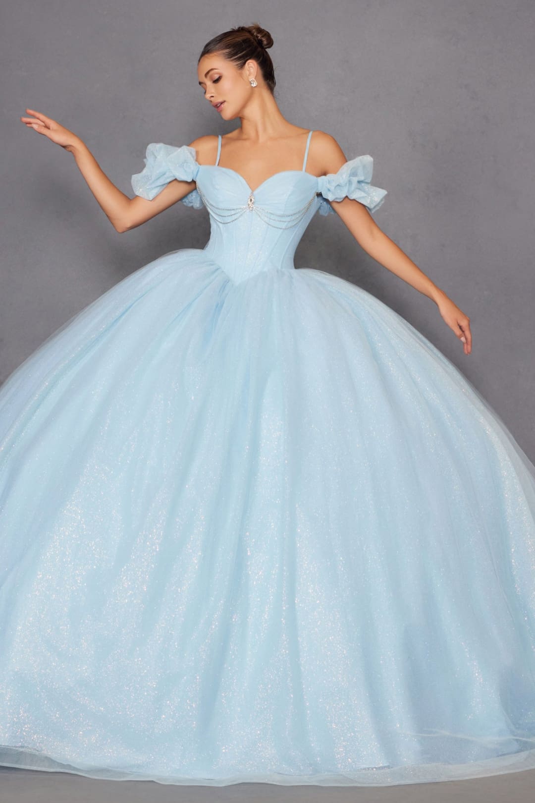 Glitter Tulle Off Shoulder Ball Gown by Juliet JT1487H - Quinceanera Dresses
