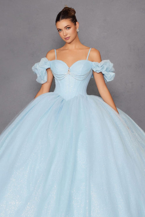 Glitter Tulle Off Shoulder Ball Gown by Juliet JT1487H - Quinceanera Dresses