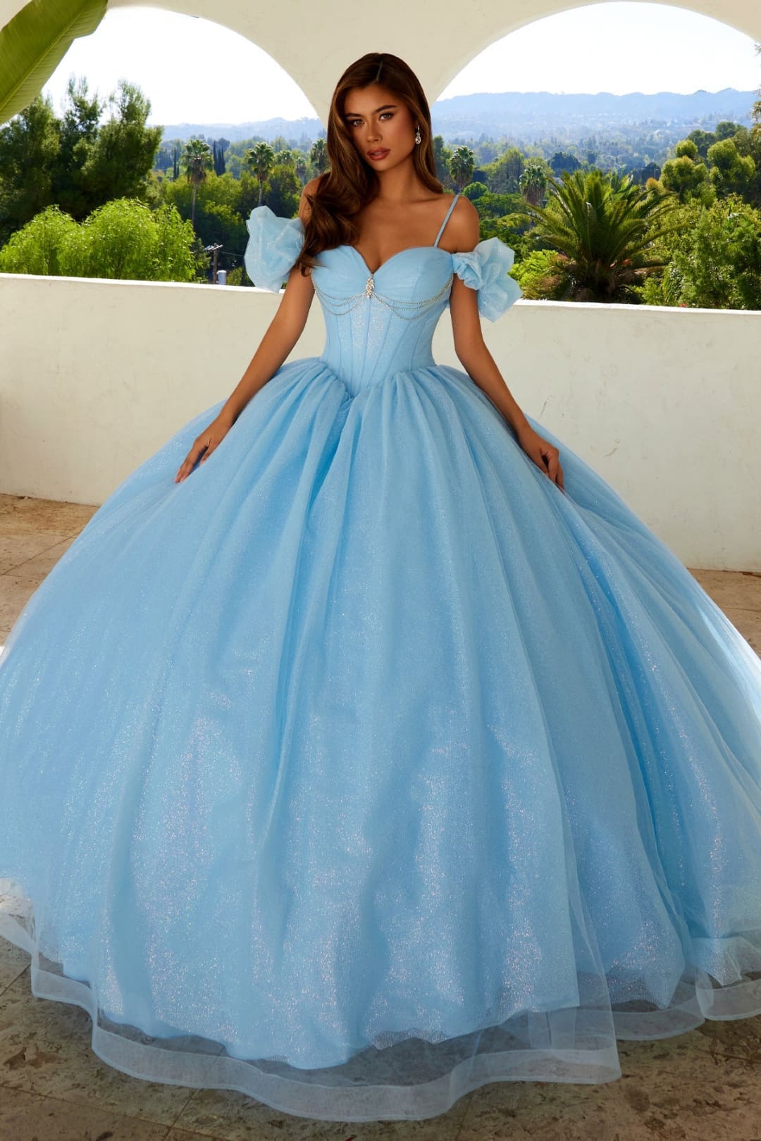 Glitter Tulle Off Shoulder Ball Gown by Juliet JT1487H - Bahama Blue / 2 - Quinceanera Dresses