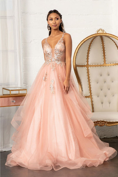 Glitter V-Neck Ball Gown by Elizabeth K GL3021 - XS / Rose Gold - Quinceanera Dresses