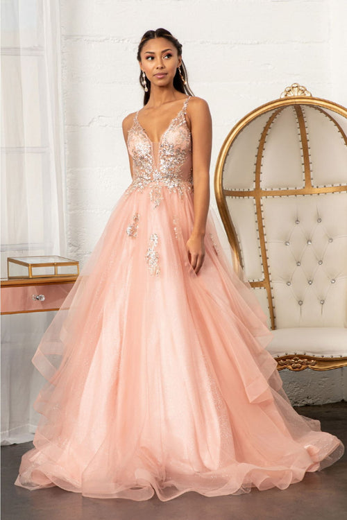 Glitter V-Neck Ball Gown by Elizabeth K GL3021 - XS / Rose Gold - Quinceanera Dresses