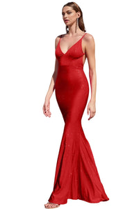 Glittered V-Neck Evening Gown Shine 2025 Elegant Formal Dress - Red / XS - Prom