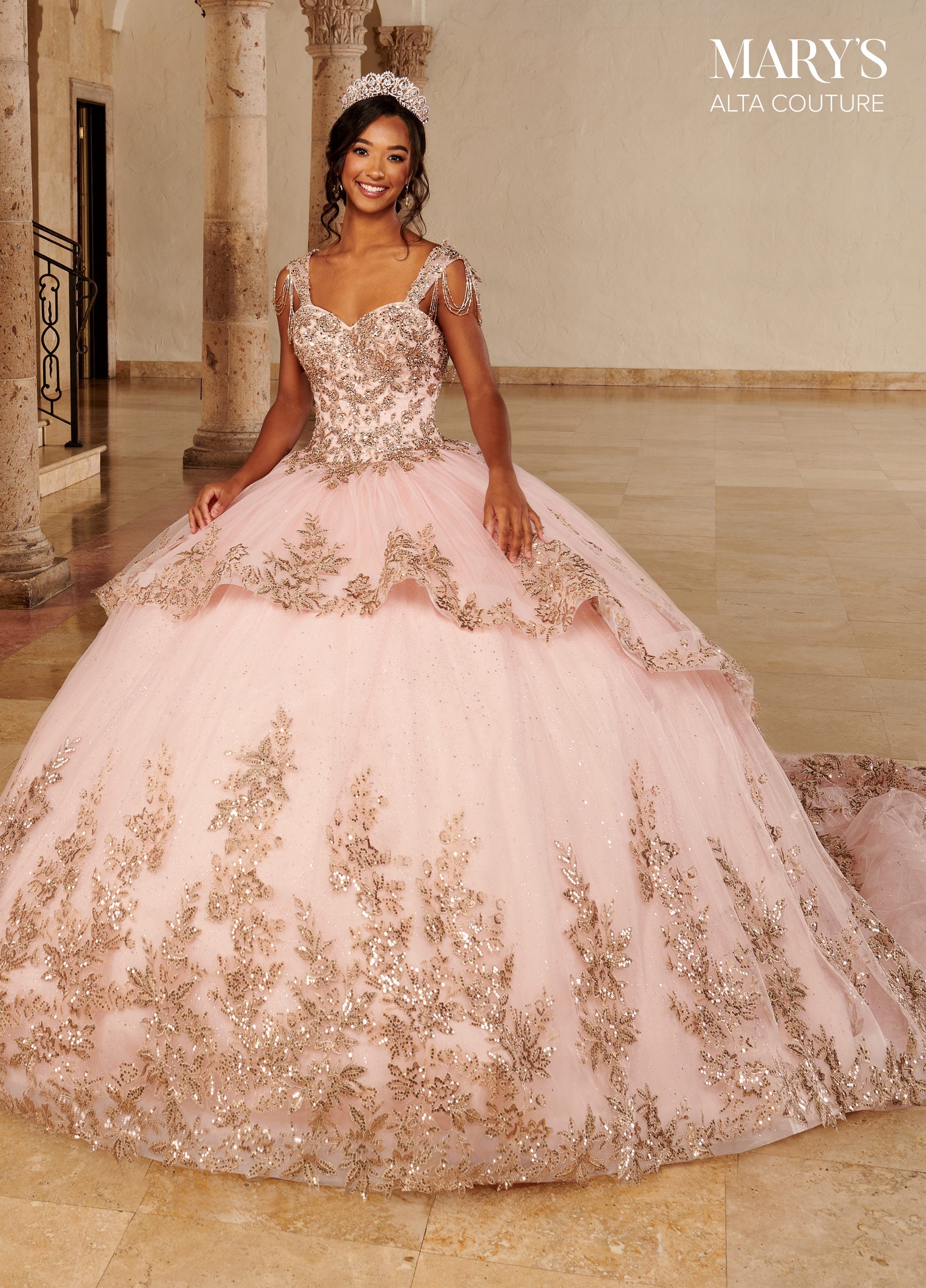 Alta Couture MQ3079 Gold Applique Quinceanera Dress
