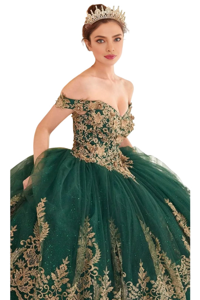 Gold Layered Lace Applique Ball Gown 2025 Sweetheart Long Dress - EMERALD / XS - Dress