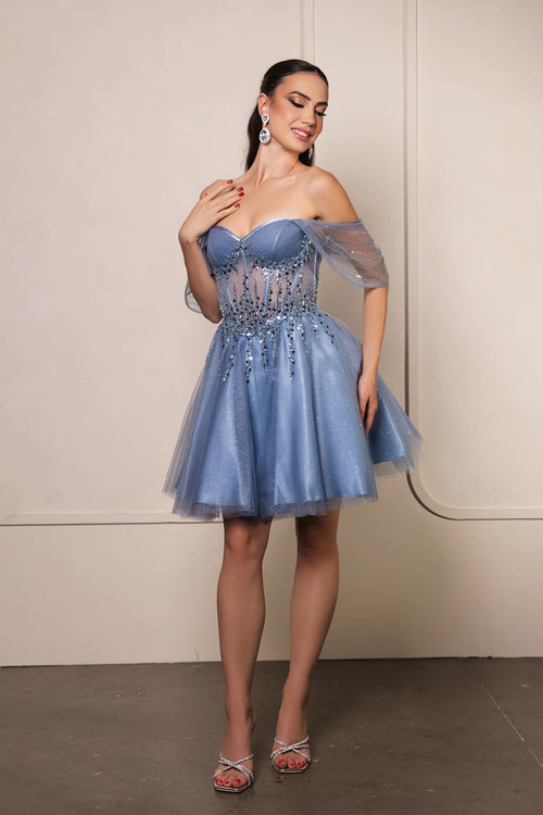 Graduation Dress Off Shoulder Strapless A-Line By May Queen MQ2147 - DUSTY BLUE / 2 - Dress