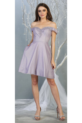 May Queen MQ1788 Off The Shoulder Graduation Short Metallic Hoco Dress