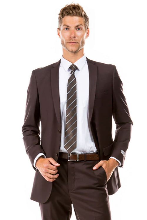 Groomsmen - Men’s Basic 2 Button Slim Fit Wedding Suit in Brown - Brown / 34 Short - Suit