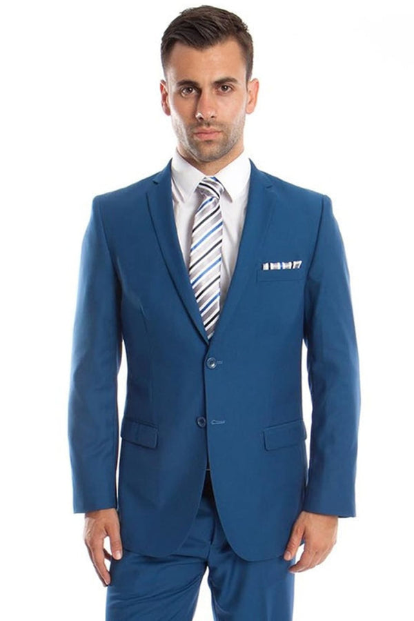 Groomsmen - Men’s Basic 2 Button Slim Fit Wedding Suit in French Blue - French Blue / 34 Short - Suit