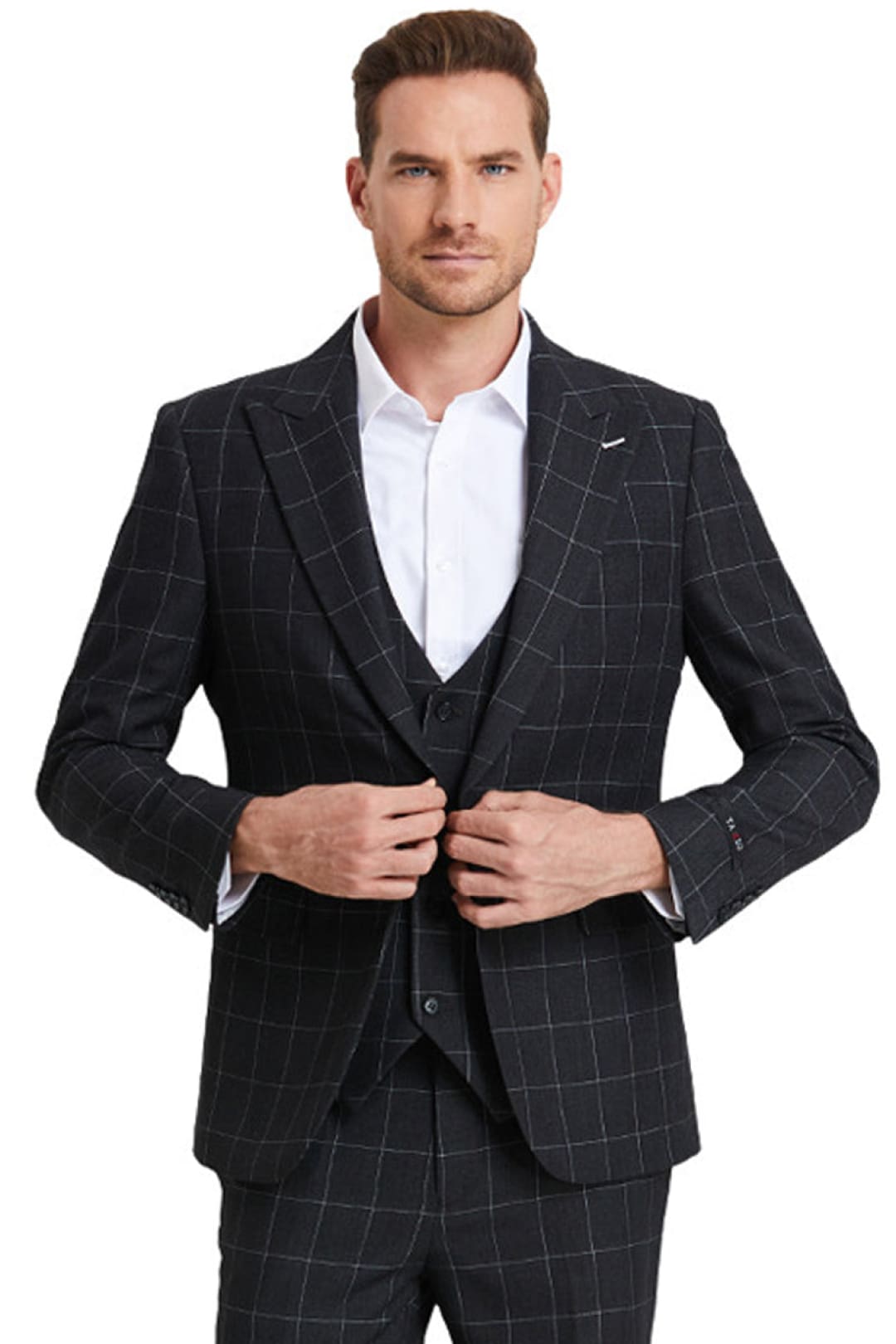 Groomsmen - Men’s One Button Peak Lapel Vested Bold Chalk Windowpane Plaid Suit in Black - Dark Grey / 34 Short - Suit