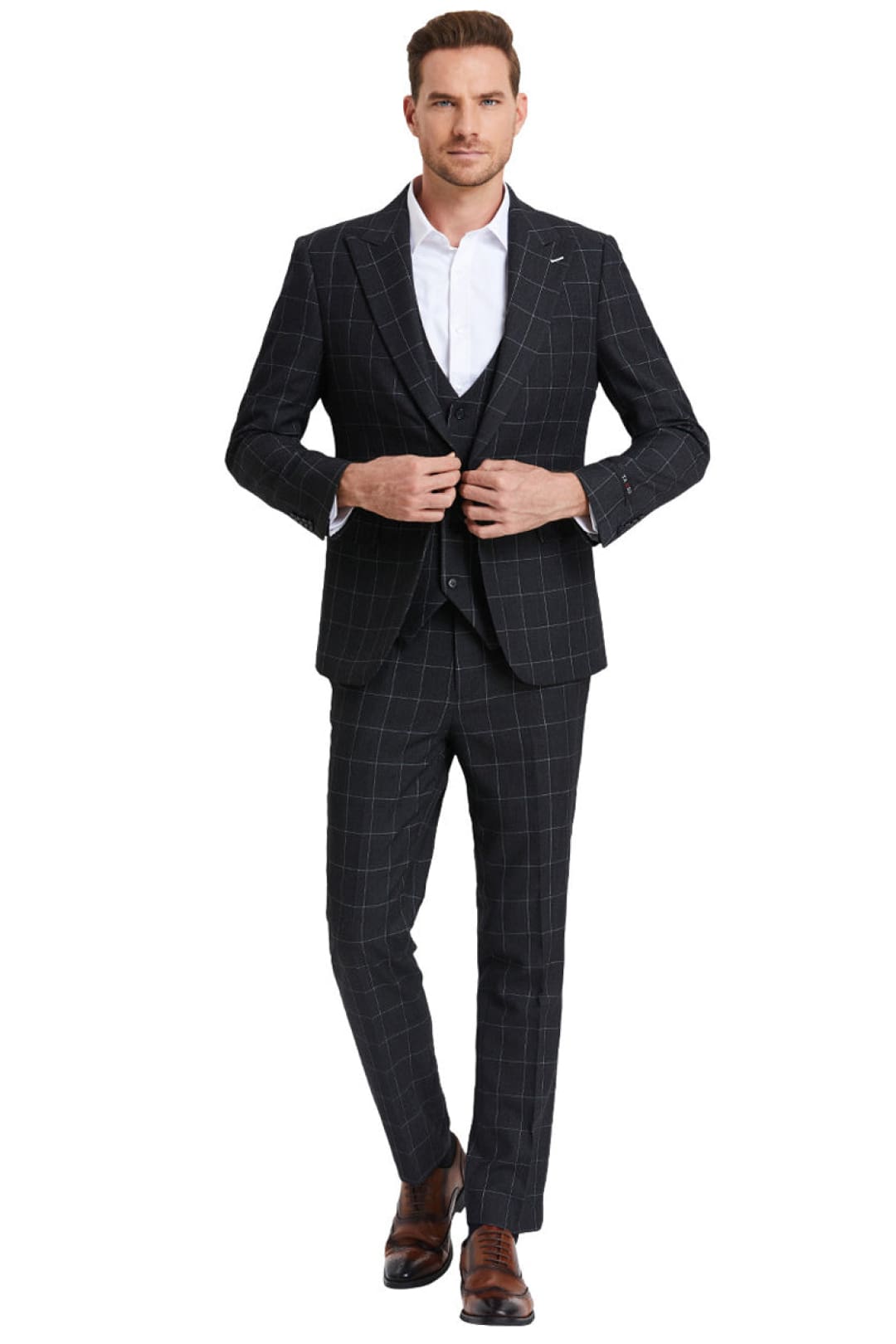 Groomsmen - Men’s One Button Peak Lapel Vested Bold Chalk Windowpane Plaid Suit in Black - Dark Grey / 36 Short - Suit