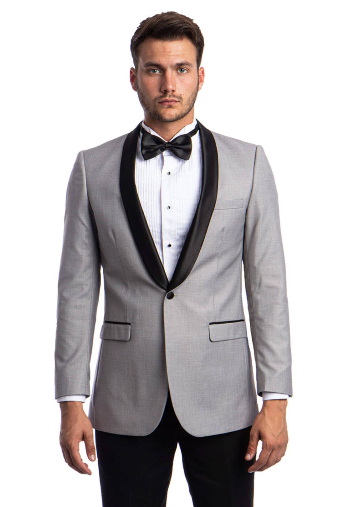 Groomsmen - Men’s One Button Shawl Lapel Dinner Jacket in Grey & Black - Grey / 34 Short - Blazer