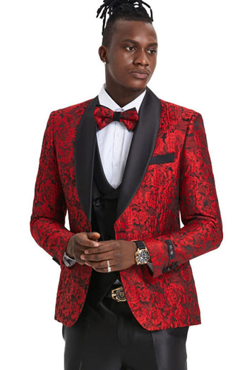Groomsmen - Men’s One Button Slim Fit Shiny Paisley Floral Vested Prom Tuxedo in Red - Red/Black / 34 Short - Suit