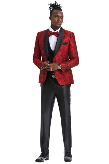 Groomsmen - Men’s One Button Slim Fit Shiny Paisley Floral Vested Prom Tuxedo in Red - Red/Black / 36 Short - Suit