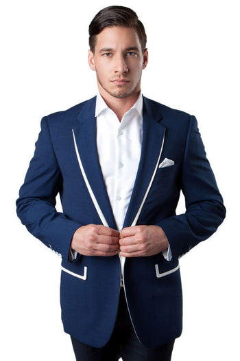 Groomsmen - Men’s One Button Summer Blazer in Dark Blue with White Trim - Dark Blue / 34 Short - Blazer