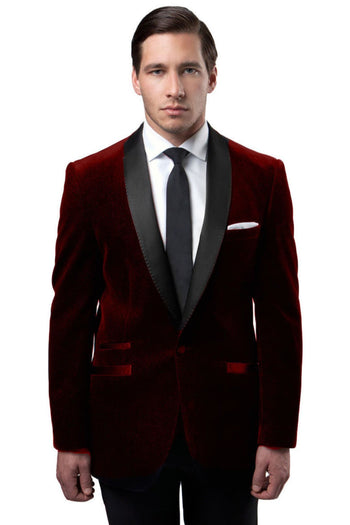 Groomsmen - Men’s One Button Velvet Shawl Collar Tuxedo Jacket in Burgundy - Burgundy / 34 Short - Blazer