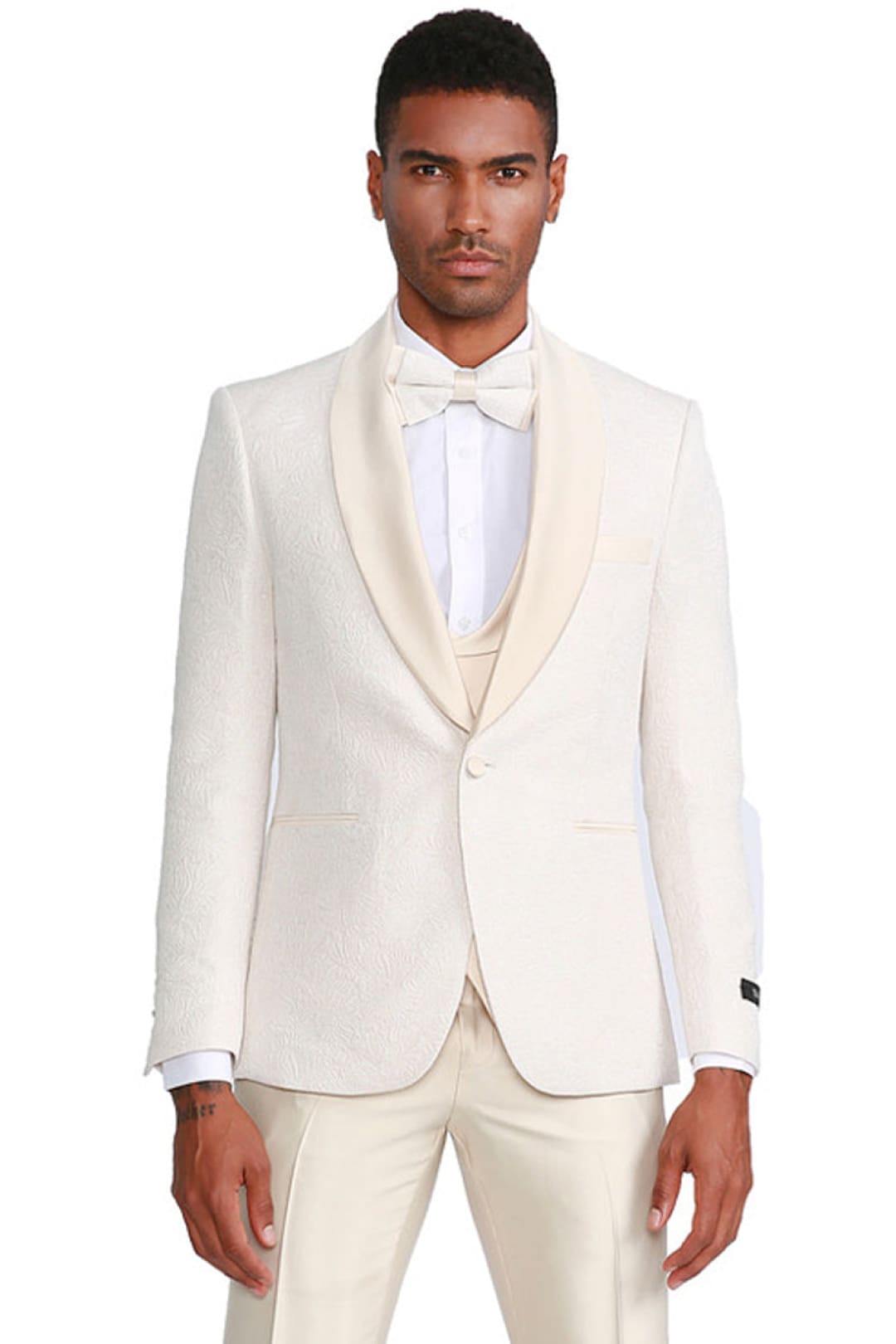 Groomsmen - Men’s One Button Vested Paisley Prom & Wedding Tuxedo with Satin Vest and Pants in Ivory - Ivory / 34 Short - Suit