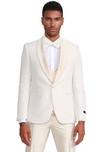 Groomsmen - Men’s One Button Vested Paisley Prom & Wedding Tuxedo with Satin Vest and Pants in Ivory - Ivory / 34 Short - Suit