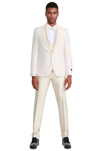 Groomsmen - Men’s One Button Vested Paisley Prom & Wedding Tuxedo with Satin Vest and Pants in Ivory - Ivory / 36 Short - Suit