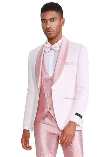 Groomsmen - Men’s One Button Vested Paisley Prom & Wedding Tuxedo with Satin Vest and Pants in Pink - Pink / 34 Short - Suit