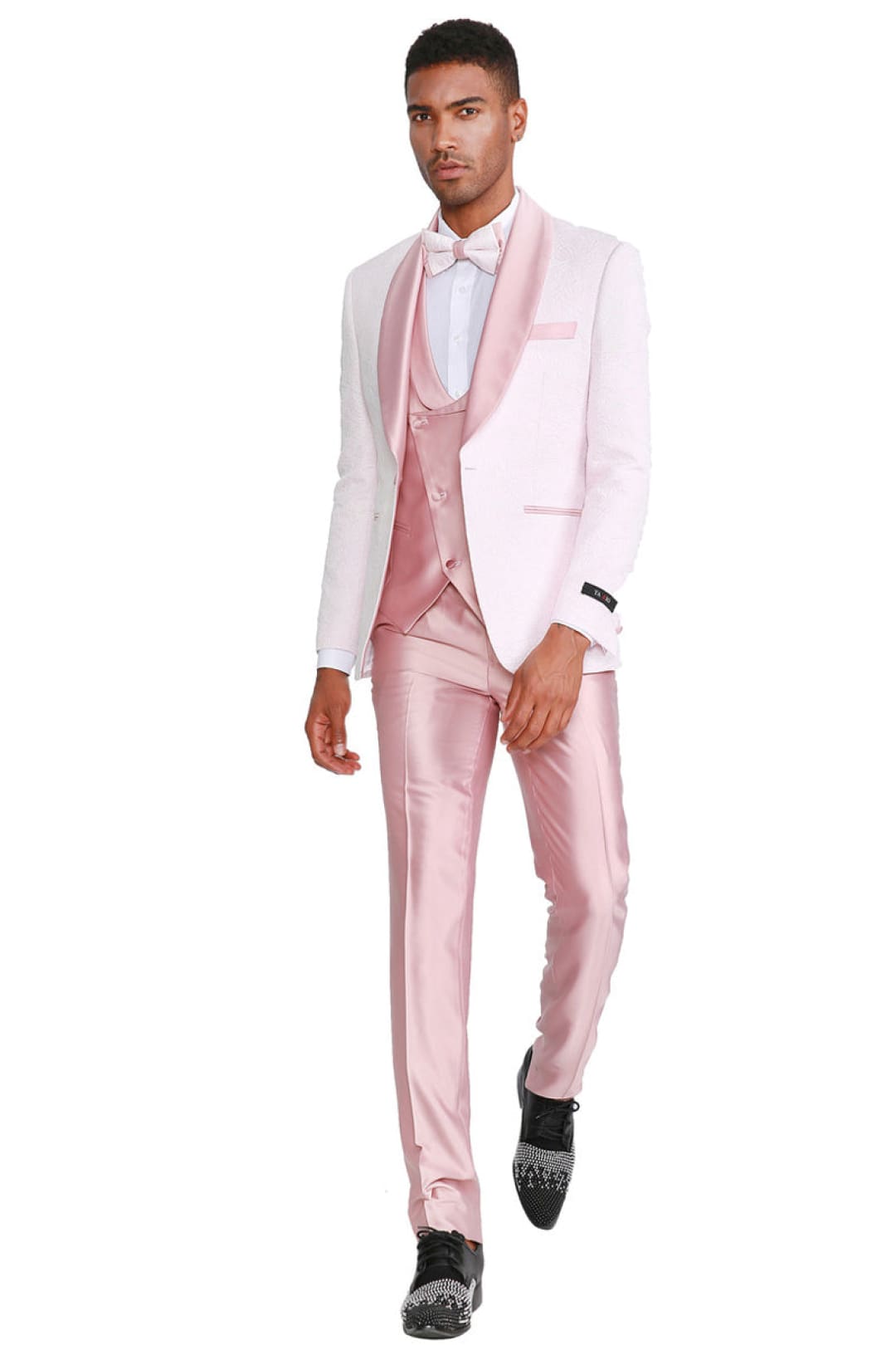 Groomsmen - Men’s One Button Vested Paisley Prom & Wedding Tuxedo with Satin Vest and Pants in Pink - Pink / 36 Short - Suit