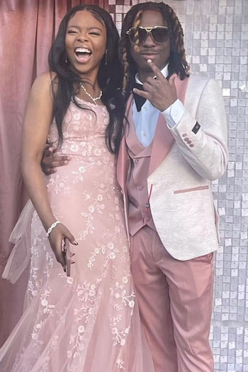 Groomsmen - Men’s One Button Vested Paisley Prom & Wedding Tuxedo with Satin Vest and Pants in Pink - Pink / 38 Short - Suit