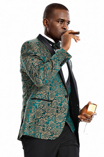 Groomsmen - Men’s One Button Vested Prom & Wedding Shawl Tuxedo in Green & Gold Paisley - Green/Gold / 34 Short - Suit