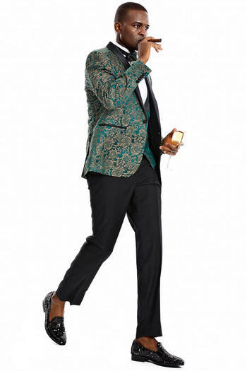 Groomsmen - Men’s One Button Vested Prom & Wedding Shawl Tuxedo in Green & Gold Paisley - Green/Gold / 36 Short - Suit