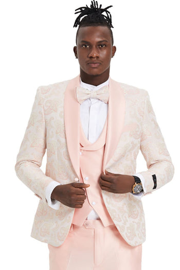 Groomsmen - Men’s One Button Vested Shawl Lapel Prom Tuxedo in Embossed Pink Paisley - Pink / 34 Short - Suit
