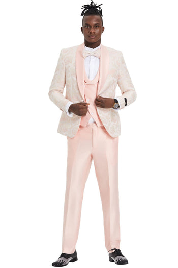 Groomsmen - Men’s One Button Vested Shawl Lapel Prom Tuxedo in Embossed Pink Paisley - Pink / 36 Short - Suit