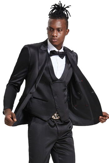 Groomsmen - Men’s One Button Vested Shiny Satin Sharkskin Prom & Wedding Party Suit in Black - Black / 34 Short - Suit