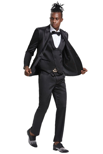 Groomsmen - Men’s One Button Vested Shiny Satin Sharkskin Prom & Wedding Party Suit in Black - Black / 36 Short - Suit