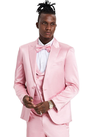 Groomsmen - Men’s One Button Vested Shiny Satin Sharkskin Prom & Wedding Party Suit in Dusty Rose - Dusty Rose / 34 Short - Suit