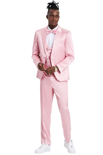 Groomsmen - Men’s One Button Vested Shiny Satin Sharkskin Prom & Wedding Party Suit in Dusty Rose - Dusty Rose / 36 Short - Suit