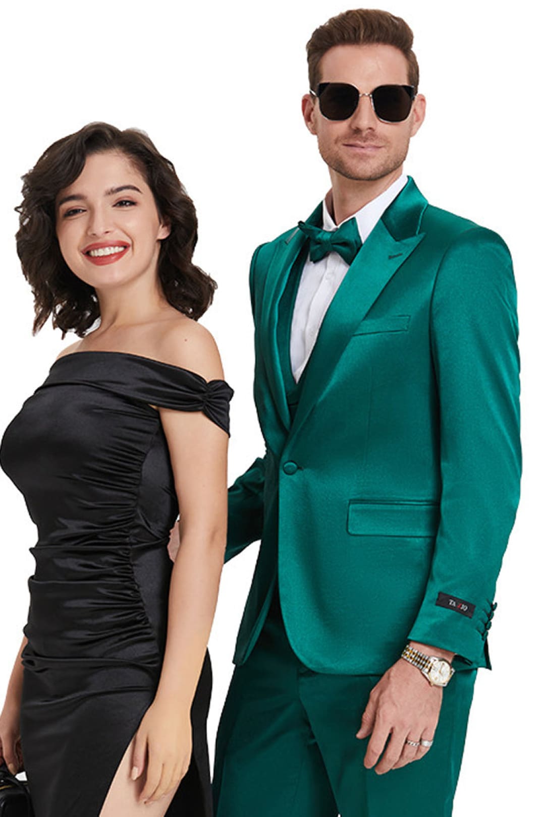 Groomsmen - Men’s One Button Vested Shiny Satin Sharkskin Prom & Wedding Party Suit in Emerald Green - Green / 34 Short - Suit