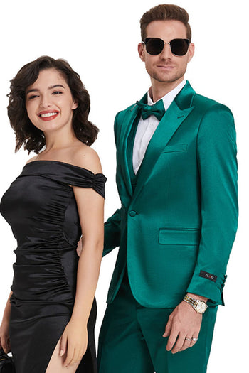 Groomsmen - Men’s One Button Vested Shiny Satin Sharkskin Prom & Wedding Party Suit in Emerald Green - Green / 34 Short - Suit