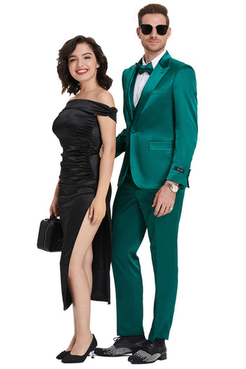 Groomsmen - Men’s One Button Vested Shiny Satin Sharkskin Prom & Wedding Party Suit in Emerald Green - Green / 36 Short - Suit