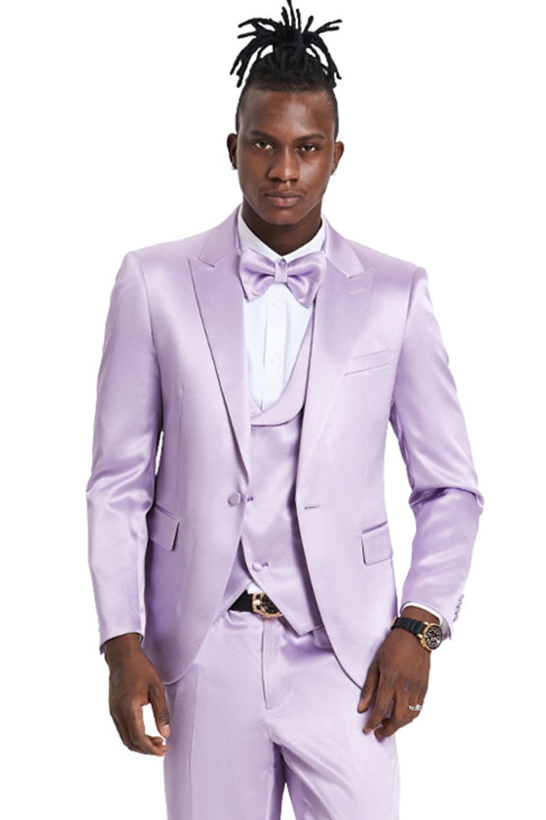 Groomsmen - Men’s One Button Vested Shiny Satin Sharkskin Prom & Wedding Party Suit in Lavender - Lavender / 34 Short - Suit