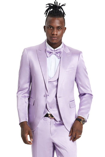Groomsmen - Men’s One Button Vested Shiny Satin Sharkskin Prom & Wedding Party Suit in Lavender - Lavender / 34 Short - Suit
