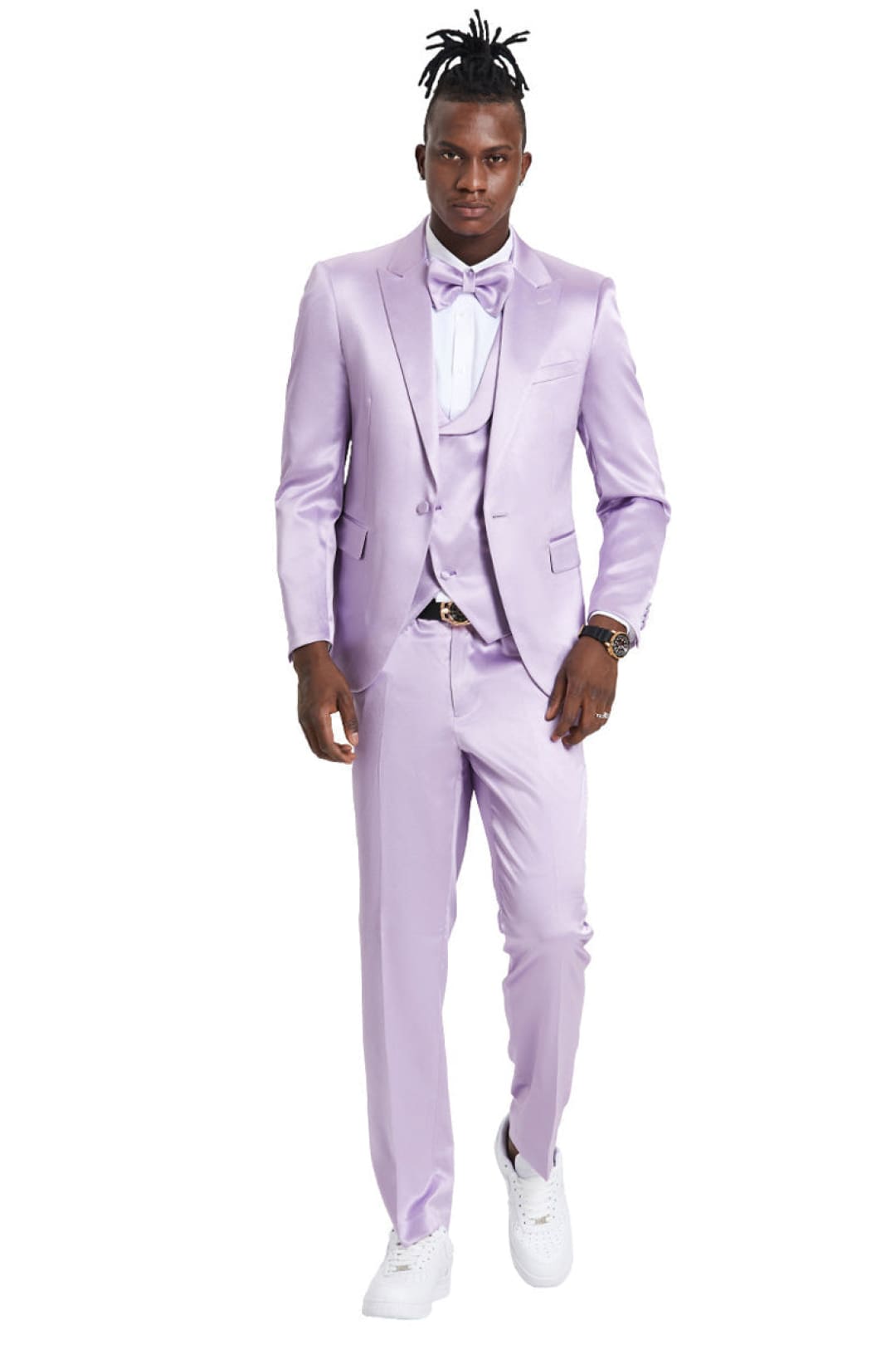 Groomsmen - Men’s One Button Vested Shiny Satin Sharkskin Prom & Wedding Party Suit in Lavender - Lavender / 36 Short - Suit