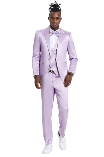 Groomsmen - Men’s One Button Vested Shiny Satin Sharkskin Prom & Wedding Party Suit in Lavender - Lavender / 36 Short - Suit