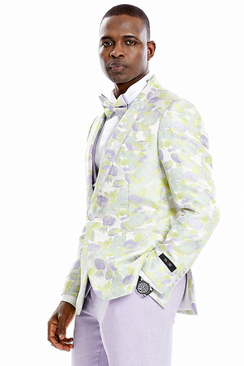 Groomsmen - Men’s One Button Vested Water Color Tulip Floral Print Wedding Dinner Jacket Tuxedo Suit in Lilac - Lilac / 34 Short - Suit