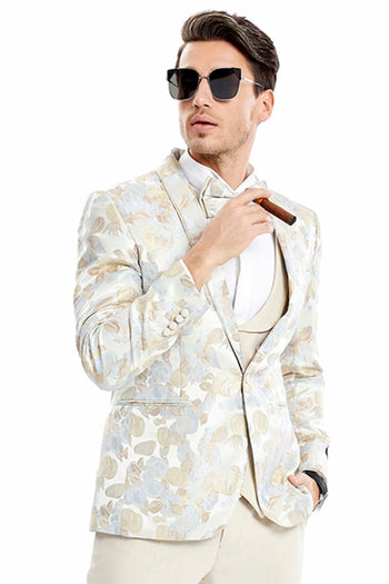 Groomsmen - Men’s One Button Vested Water Color Tulip Floral Print Wedding Dinner Jacket Tuxedo Suit in Tan - Tan / 34 Short - Suit